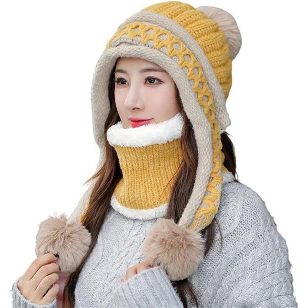 HUAMULAN Women Winter Beanie Hat Circle Scarf Set Pompoms‎ Ski Snow Ear Flaps